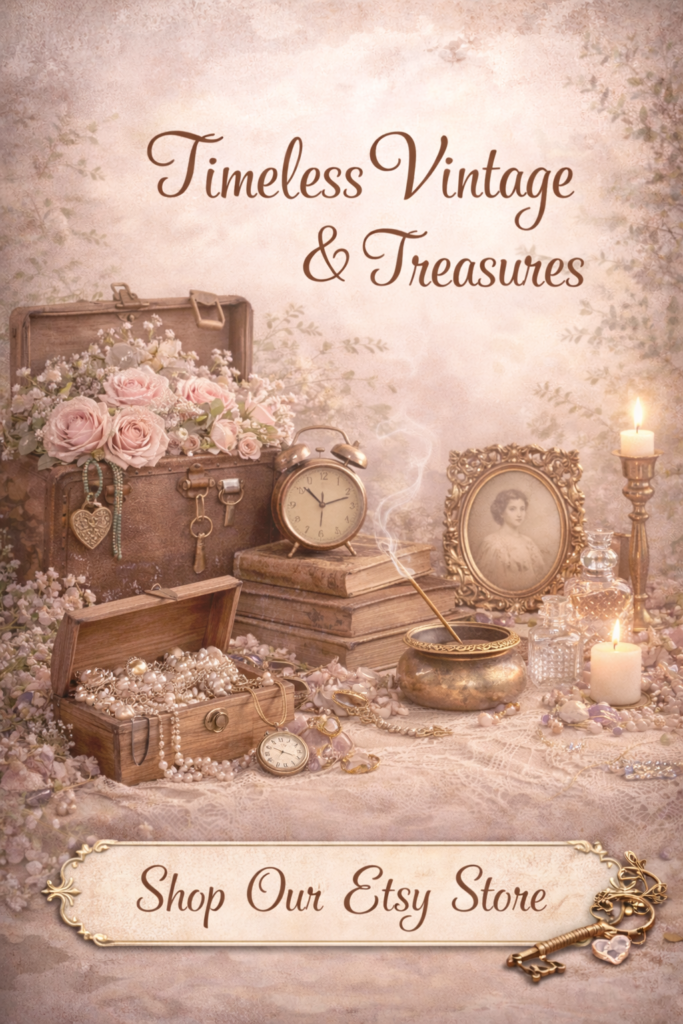 Timeless vintage treasures display with antique jewelry box, roses, old books, and candlelight for Tonitunes Etsy store