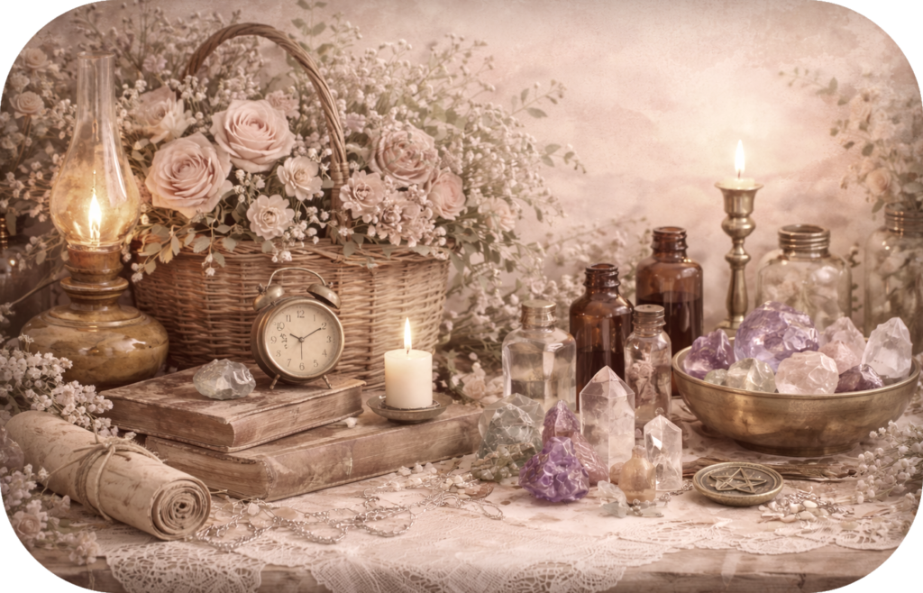 Vintage decor and crystal collection with antique clock, apothecary bottles, amethyst, clear quartz, candlelight, and farmhouse charm by Designs by Tonitunes®