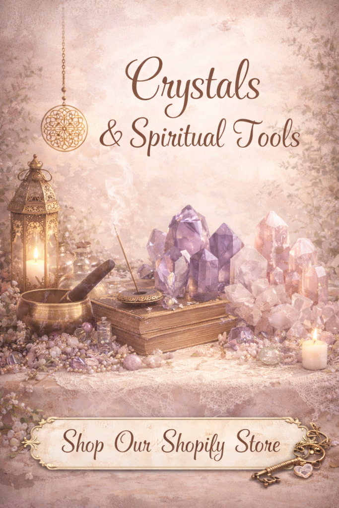 Romantic styled display of healing crystals and spiritual tools with amethyst, rose quartz, incense, and candlelight for Tonitunes Shopify store