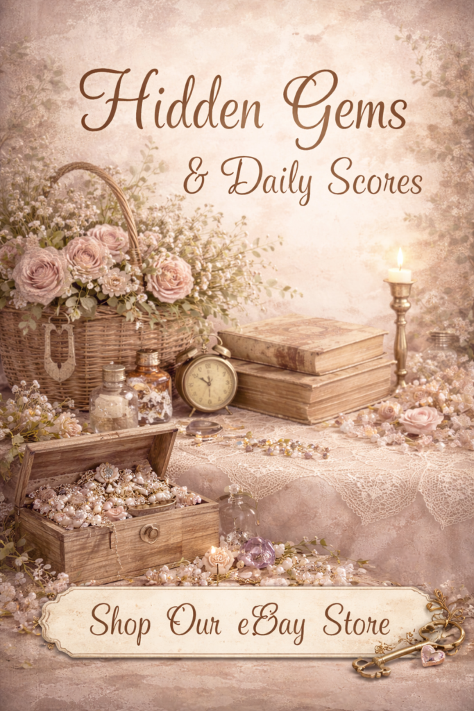 Hidden Gems & Daily Scores featuring vintage books, jewelry chest, antique clock, and farmhouse decor linking to our eBay store